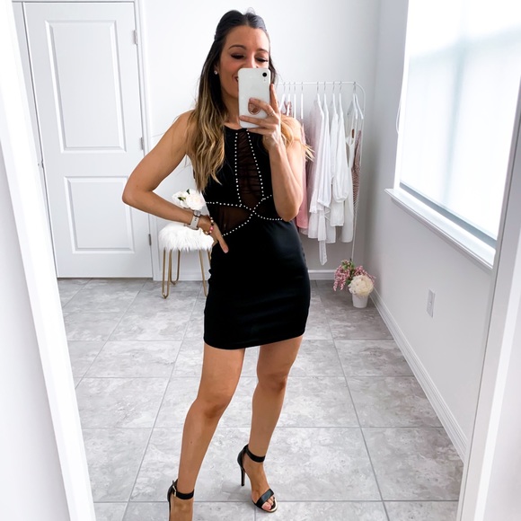 Black Halter Mesh Rhinestones Bodycon Sexy Dress - Picture 9 of 13